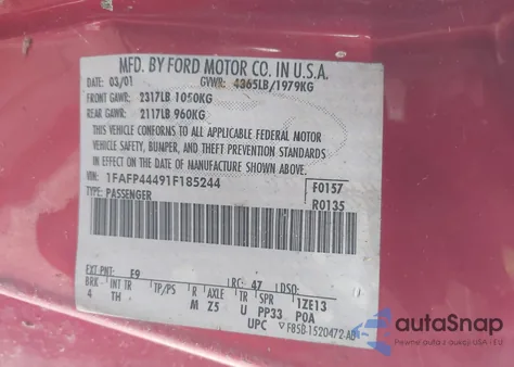 2001 Ford Mustang from USA, damaged, VIN 1FAFP44491F185244